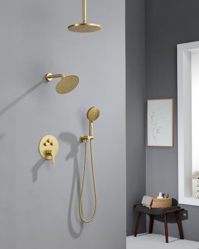 Iriber Brushed Gold Shower head with Handheld,8"+10" Rain Shower Faucet Set | 10 Inch Ceiling +8 Inch Wall Mount Dual Shower Heads,Push Button Diverter Shower System,Pressure Balance Valve - color: Brushed Gold 06