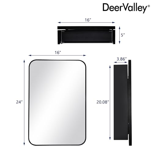 DeerValley 16 x 24 Inch Medicine Cabinet with Mirror, Black Bathroom Mirror Cabinet, Surface Mount, Adjustable Glass Shelves, Aluminum Framed Slow-Closing Door, Dual-Sided Mirrors - size: 16" x 24''