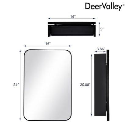 DeerValley 16 x 24 Inch Medicine Cabinet with Mirror, Black Bathroom Mirror Cabinet, Surface Mount, Adjustable Glass Shelves, Aluminum Framed Slow-Closing Door, Dual-Sided Mirrors - size: 16" x 24''