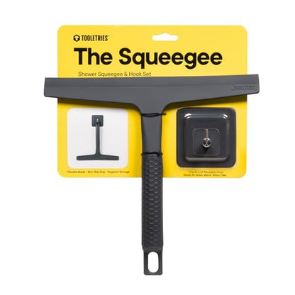 TOOLETRIES The Squeegee & Hook Glass Shower Squeegee – 10 Inch | Silicone grip shower squeegee for glass, mirrors and windows with a matching storage hook.