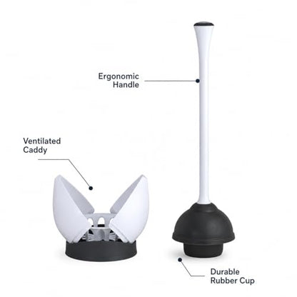 Toilet Plunger with Caddy, Heavy Duty Suction Cup, 19.5 Inch, Compact Holder for Bathroom Cleaning, White