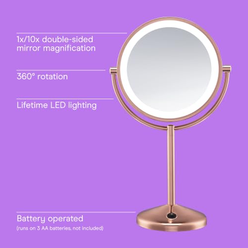Conair Lighted Makeup Mirror, LED Vanity Mirror, 1X/10X Magnifying Mirror, Double Sided, Battery Operated in Rose Gold - style: Rose Gold 1X/10X Magnification