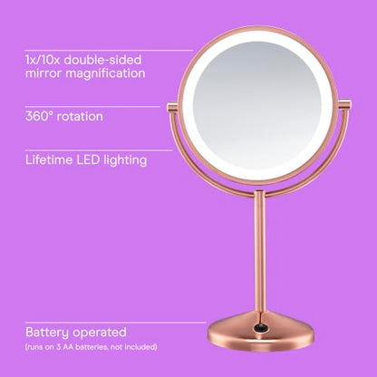 Conair Lighted Makeup Mirror, LED Vanity Mirror, 1X/10X Magnifying Mirror, Double Sided, Battery Operated in Rose Gold - style: Rose Gold 1X/10X Magnification