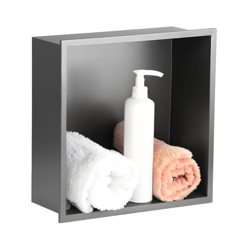 SaniteModar Stainless Steel Shower Niche 12" x 12" Gray No Tile Needed | No Tile Needed, Recessed Bathroom Niche, Waterproof, Space-saving, Easy Setup, Built-in Storage for Bathroom, Kitchen - color: Grey, size: 12" x 12", Single