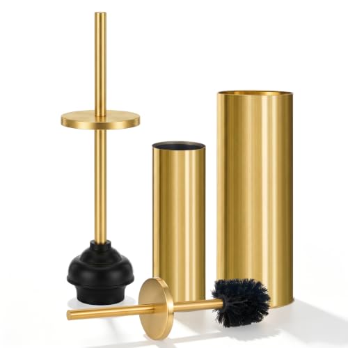 Gold Toilet Plunger and Brush Set, 2 Piece Stainless Steel Bathroom Cleaning Combo with Holder, Modern Luxury Gold Finish Cleaning Toilet Tools for Bathroom Deeply Clean and Decor