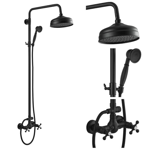 gotonovo Exposed Shower System Wall Mount,Matte Black,Metal Handheld | 8” Rain Shower Head Faucet Set Fixtures,2 Function,Two Cross Handle,Height Adjustable,for 5-6.7" Hole,Indoor Victorian Retro - color: Black