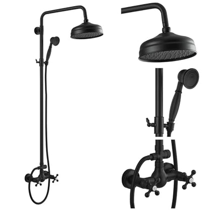 gotonovo Exposed Shower System Wall Mount,Matte Black,Metal Handheld | 8” Rain Shower Head Faucet Set Fixtures,2 Function,Two Cross Handle,Height Adjustable,for 5-6.7" Hole,Indoor Victorian Retro - color: Black