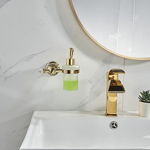 WOLIBEER Crystal Soap Dispenser Wall Mounted, Polished Gold Liquid Soap Holder Bathroom 8.5 OZ Glass Bottle with Pump Stainless Steel