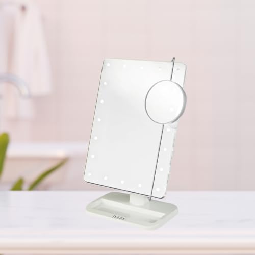 Jerdon 8-Inch by 11-Inch Lighted Vanity Mirror - Rectangular Tabletop Mirror in White with 10X Magnification Spot Mirror - Model JS811W