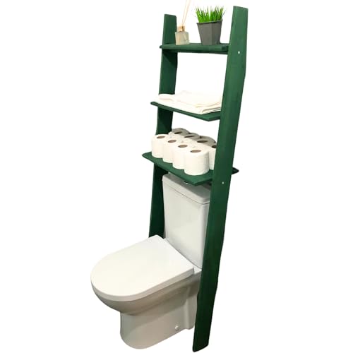 Over The Toilet Birch Wood Bathroom Organizer Shelves, 3-Tier Freestanding Above Toilet Storage Ladder Shelf, Standing Space Saver Behind Toilet Small Bathroom Organizer (Verde) - color: Verde