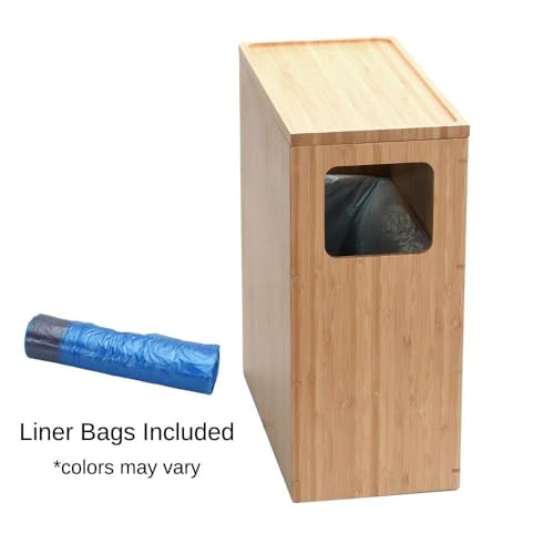 MobileVision Bamboo Slim Trash Can with Lid, Waste Basket for Bathroom, Bedroom, Office, Vanity, Salon or Spa, Small Spaces, Rectangle, Bag Liners Included
