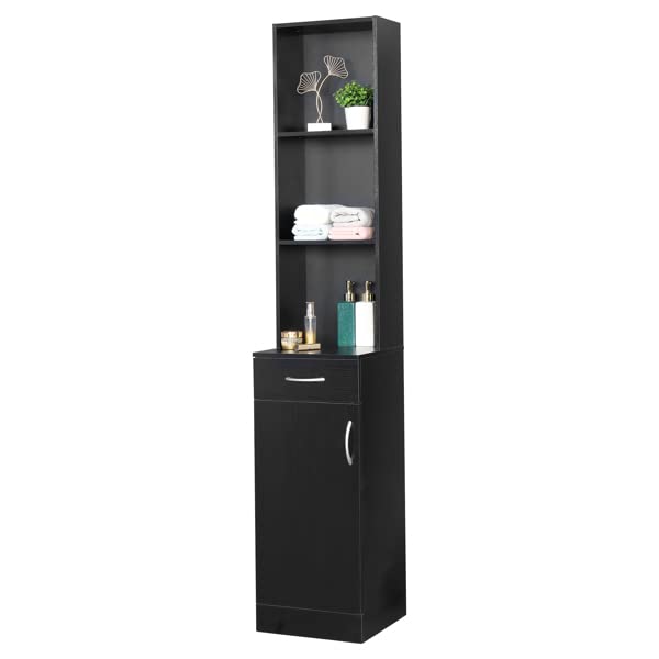 Bathroom Storage Cabinet MDF, Tall Narrow Floor Standing Tower Cabinet Organizer with Door and Open Shelves for Kitchen, Tall Linen Tower for Bathroom, Living Room, Laundry Room, Black 34 x 28 x 178CM