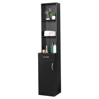 Bathroom Storage Cabinet MDF, Tall Narrow Floor Standing Tower Cabinet Organizer with Door and Open Shelves for Kitchen, Tall Linen Tower for Bathroom, Living Room, Laundry Room, Black 34 x 28 x 178CM