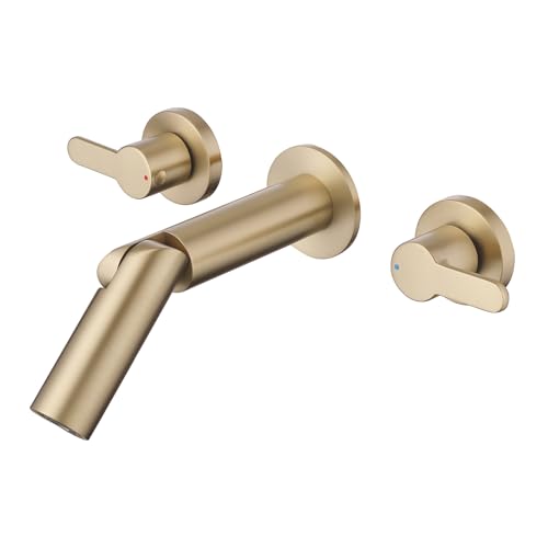 Wall Mount Bathroom Faucet Brushed Gold,Solid Brass Wall Mounted Sink Faucet,Widespread 3 Holes 2 Lever Handles Lavatory Vessel Sink Mixer Tap with Foldable Spout - color: Brushed Gold