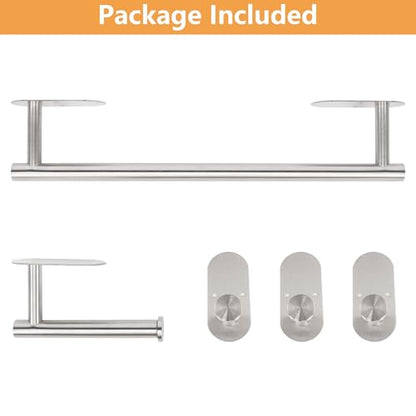 TocTen 5 Pieces Wall Mounted or Self Adhesive Towel Bar Set, Stainless Steel Bathroom Hardware Set Include 16″ Towel Rack, Toilet Paper Holder, 3 Towel Hook, Sticky Bathroom Accessory Kit (Silver)