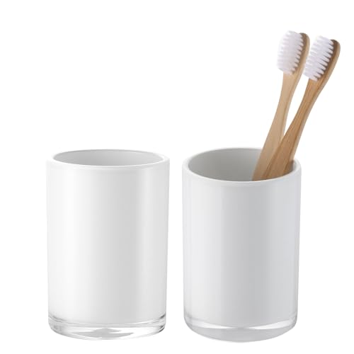 Premium White Bathroom Tumbler, Toothbrush Cup, Reusable Bathroom Cup, Toothbrush Holder for Bathroom Vanity Countertops, 2 Pack