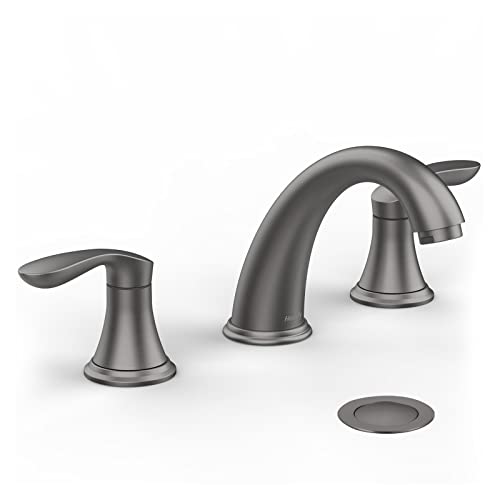 Bathroom Sink Faucet, Faucet for Bathroom Sink, Widespread Gun Grey Bathroom Faucet 3 Hole with Stainless Steel Pop Up Drain and cUPC Lead-Free Hose - (Gun Grey) - color: Gun Grey, size: 8 inch 1 pack