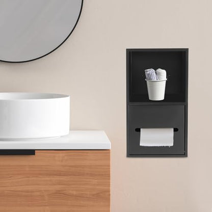 2 Tier Bathroom Wall Niche, Toilet Paper Holder with Shelf, Recessed Stainless Steel Organizer for Bathrooms, Living Rooms, Bedrooms, 8.54x4.92x16.54in (Black) - color: Black