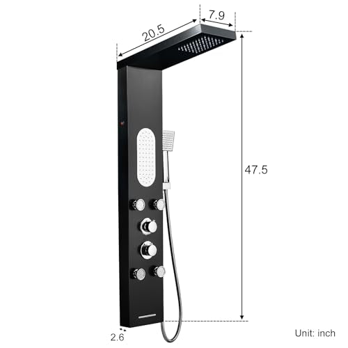5-in-1 LED Shower Panel Tower System Stainless Steel Black | LED rain head | 4 massage jets | Body waterfall spray | Handheld shower | Tub spout | Wall mount - color: Black