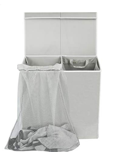 Simple Houseware Double Laundry Hamper with Lid & Removable Bags, Grey | Heavy Duty 600D Polyester, Water-Resistant Surface - color: Grey