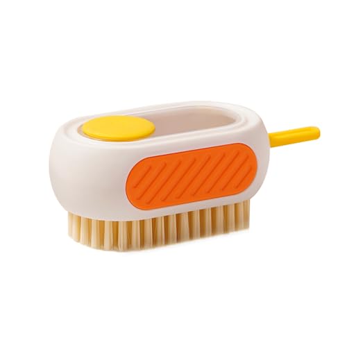 All-in-One Refillable Scrub Brush with Built-in Tank, Press to Dispense Solution for Multi-Surface Cleaning: Clothes, Shoes, Wheels, Kitchen, Bathroom. Hangable, Large Capacity, Dense PET Bristles