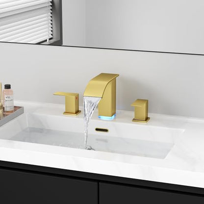 RUMOSE LED Bathroom Faucets Set 3 Hole Vanity Faucet with Pop Up Drain | Brushed Gold Bathroom Sink Faucet, Widespread Waterfall, 3 Colors Light Changing, Stainless Steel, Deck Mounted - color: Brushed Gold