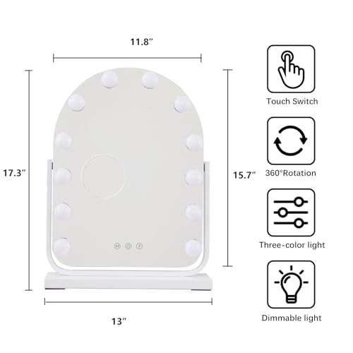 Makeup Mirror with Lights-3 Modes,Smart Touch Control,Detachable 10X Magnification,15.7"×11.8" Hollywood Vanity,360° Rotation （White） - size: 15.7"L x 11.8"W