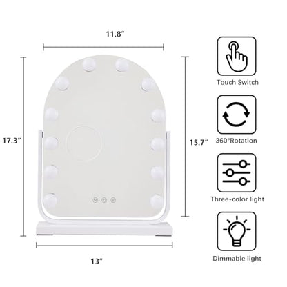 Makeup Mirror with Lights-3 Modes,Smart Touch Control,Detachable 10X Magnification,15.7"×11.8" Hollywood Vanity,360° Rotation （White） - size: 15.7"L x 11.8"W