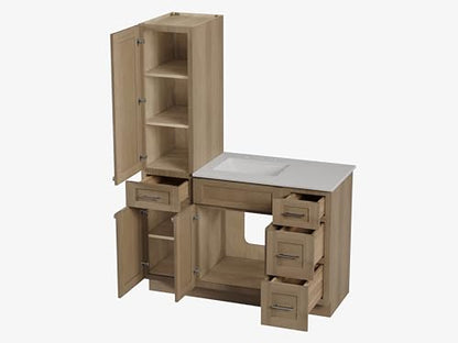 51" Bathroom Vanity with Linen Storage Tower and 4 Drawers, Carrara Quartz Top and Ceramic Sink, Left or Right Tower Option, Solid Wood Frame, 52" x 22" x 72" (Natural Oak, Left Tall Cabinet) - color: Natural Oak