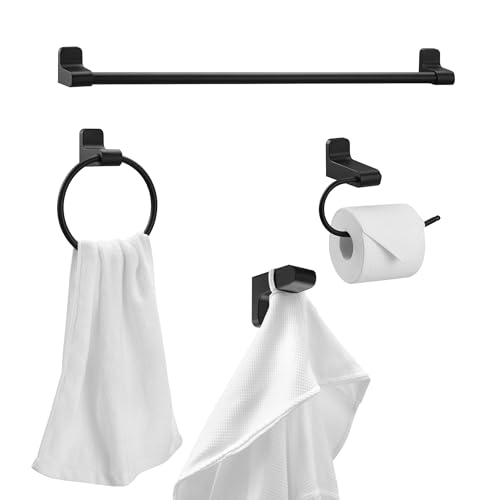 Globe Electric 63000206 5-Piece All-in-One Bathroom Set, 3-Light Vanity Light, Matte Black, Linen Shades, Towel Bar, Robe Hook, Toilet Paper Holder, Towel Ring, Bathroom Lights Over Mirror - color: Matte Black, Linen