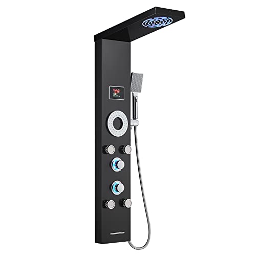 LED Shower Panel Tower System, 304 Stainless Steel Bathroom Shower Tower with 3 Body Massage Jets, Shower Column Wall Mounted - color: Black - 5 Body Jets
