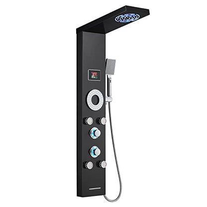 LED Shower Panel Tower System, 304 Stainless Steel Bathroom Shower Tower with 3 Body Massage Jets, Shower Column Wall Mounted - color: Black - 5 Body Jets