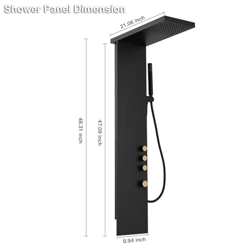 Shower Panel Tower System 3-Functions Wall Mount Black | Stainless Steel,Square Rainfall Shower Head,Massage Body Jets and Handheld,Contrast Gold Control Knobs,Modern Minimalist - color: Matte Black, style: Shower Panel-Standard