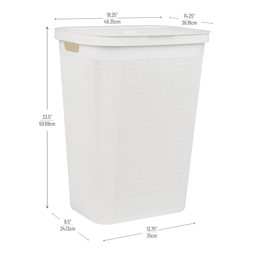 Mind Reader 60L Slim Laundry Hamper, Clothes Basket, Lid, Linen Design, Plastic, White - color: White