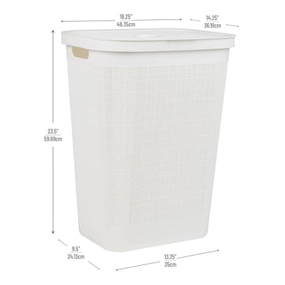 Mind Reader 60L Slim Laundry Hamper, Clothes Basket, Lid, Linen Design, Plastic, White - color: White