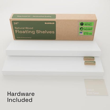Solid Wood Floating Shelves for Wall 24 Inch White, Wooden Bathroom Shelf | Real Wood, Wall Mounted, Bedroom Kitchen Living Room, Thick, Heavy Duty, Farmhouse, White Finish, 24W x 6.7D, Set of 2 - color: White, size: 24 Inch