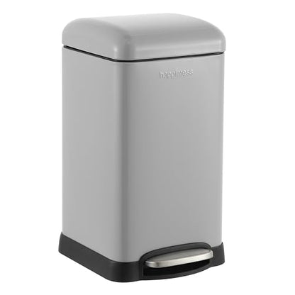 happimess Betty Retro Mini 3.2 Gal Step Trash Can, Gloss Gray | Soft-Close Lid, Removable Liner, Iron, Hands-Free Pedal, Non-Skid Base, Built-In Damper, Modern, Minimalistic - color: Fog Gray