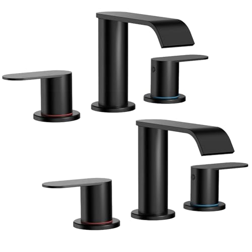 2 Pack Matte Black Waterfall Bathroom Faucet for Sink 3 Hole 8 Inch | Widespread Bathroom Sink Faucets with Pop-up Drain Supply Lines Stainless Steel 2-Handle Bathroom Sink Faucet by Homevacious - color: Matte Black X 2, size: 8 Inch Widespread