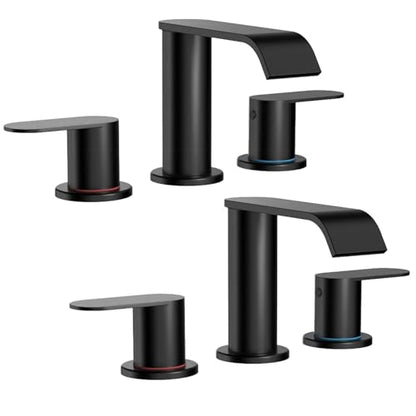 2 Pack Matte Black Waterfall Bathroom Faucet for Sink 3 Hole 8 Inch | Widespread Bathroom Sink Faucets with Pop-up Drain Supply Lines Stainless Steel 2-Handle Bathroom Sink Faucet by Homevacious - color: Matte Black X 2, size: 8 Inch Widespread