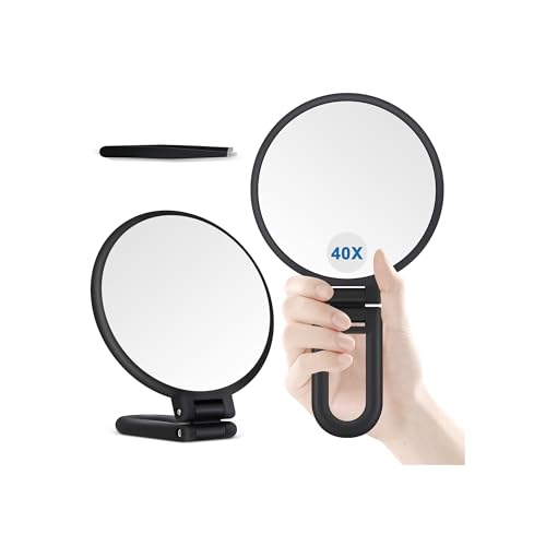 40X Magnifying Mirror, Hand Mirror for Makeup, Double Sided with 40X/1X Magnification, Travel Essential, Portable Foldable for Desktop and Bathroom, Gift for Women, Frosted Black - color: Back40x