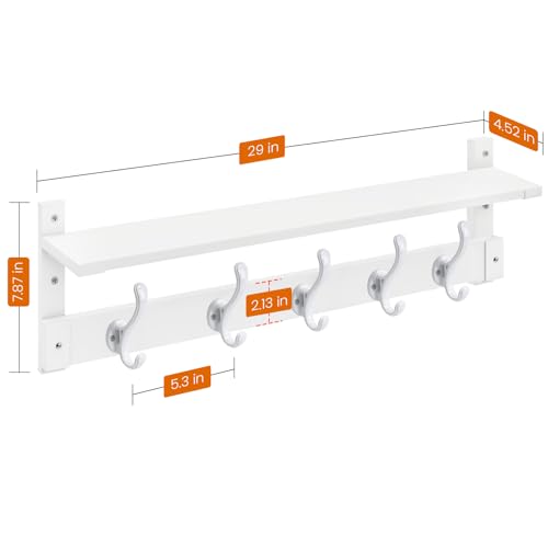 Homode Coat Rack With Wall Shelf, 29" Wooden Entryway Floating Shelf With Hooks Underneath, Hanging Coat Hanger for Bathroom, Living Room, Bedroom, Hallway, White - color: White, size: 29 Inch Long