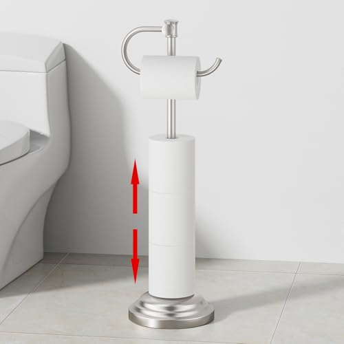 RUMOSE Toilet Paper Holder Stand for Floor, Brushed Nickel | Bathroom Free Standing Toilet Tissue Roll Holder with Storage, Adjustable 17-25 Inch, Rustproof, SUS304 Stainless Steel - color: Brushed Nickel