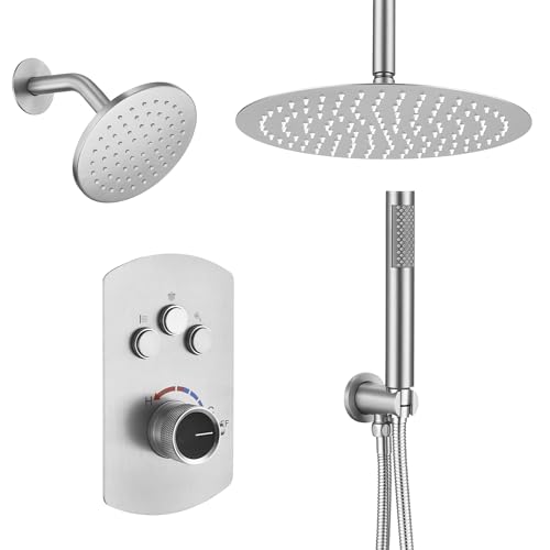 MONDAWE 12 Inch Ceiling Mounted Shower System in Brushed Nickel, 3-Function Shower Faucet Set with Rainfall Dual Shower Head and High Pressure Handheld Spray, All Function Can be Used At the Same Time - color: Brushed Nickel