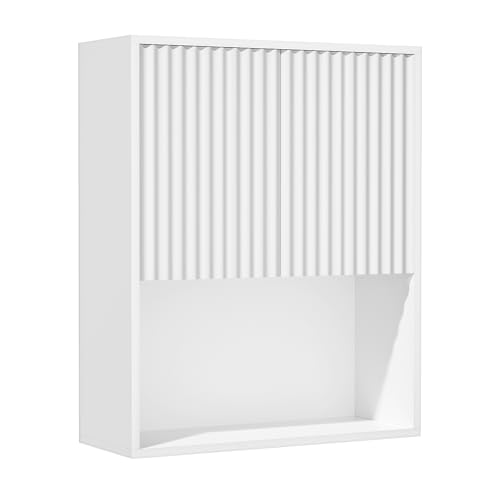 Over the Toilet Storage Cabinet, Fluted Bathroom Wall Cabinet, 23.6"Wx8.9"Dx28.7"H Bathroom Storage Cabinet with Adjustable Shelf, Wall Mounted Floating Organizer for Bathroom Kitchen Laundry, White - color: White