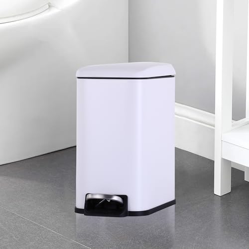 Small Bathroom Trash Can with Lid, 5 Liter/1.3 Gallon Stainless Steel Small Garbage Can with Removable Inner Bucket & Soft-Close Foot Pedal, Slim Trash Can for Bathroom, Bedroom, Office (White) - color: White, size: 1 Pack
