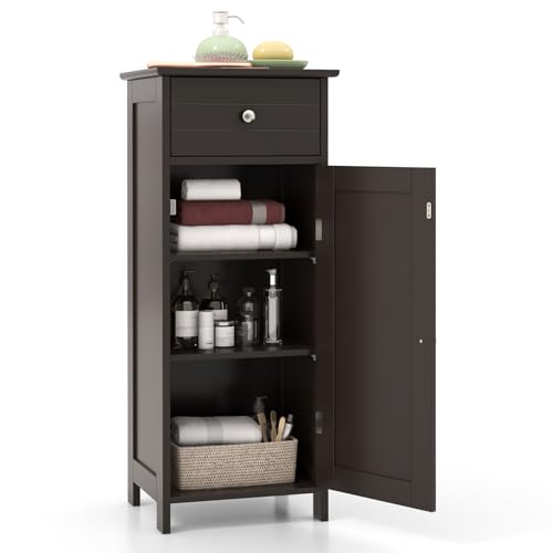 BECOMFORT Bathroom Floor Cabinet, Small Wooden Storage Organizer Unit with Drawers, Adjustable Shelves, Mid Century Modern Bathroom Storage Cabinet for Bedroom, Living Room, Entryway - color: Brown