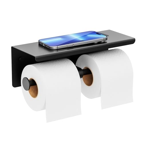 Double Toilet Paper Holder with Shelf, Wall Mount Tissue Roll Holder for Bathroom, 304 Stainless Steel Commercial Toilet Paper Dispenser with Phone Shelf, Matte Black - color: Black