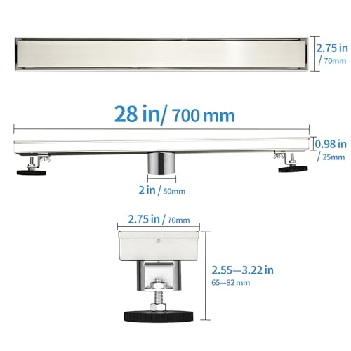 Linear Shower Drain ，28 Inch Brushed 304 Stainless Steel Rectangle Shower Floor Drain，with Reversable Tile-inPattern Drain Cover & Hair Catcher, Adjustable Feet - color: Brushed Nickel, size: 28inch