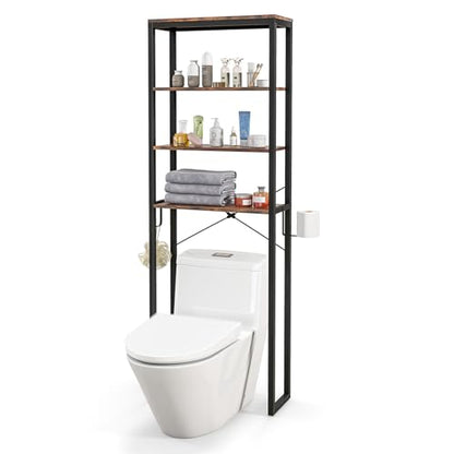 Giantex Over The Toilet Storage Shelf, 4-Tier Freestanding Space Saver Above Toilet Shelves w/Paper Holder, Side Hook & Adjustable Foot Pads, Over Toilet Bathroom Organizer for Restroom, Laundry