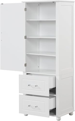 Tall Bathroom Storage Cabinet, Wood Bathroom Kitchen Pantry Cabinet with 2 Drawers and 2 Adjustable Shelves, Freestanding (White) - color: White, size: 23“x15”x61“